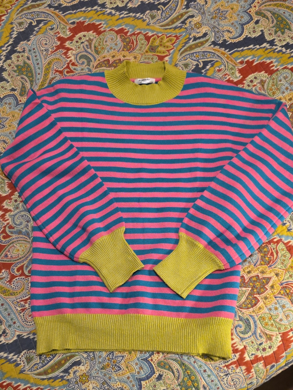Colorblock Striped  Ribbed Crewneck Sweater Yellow, Teal Pink Womens  Size M